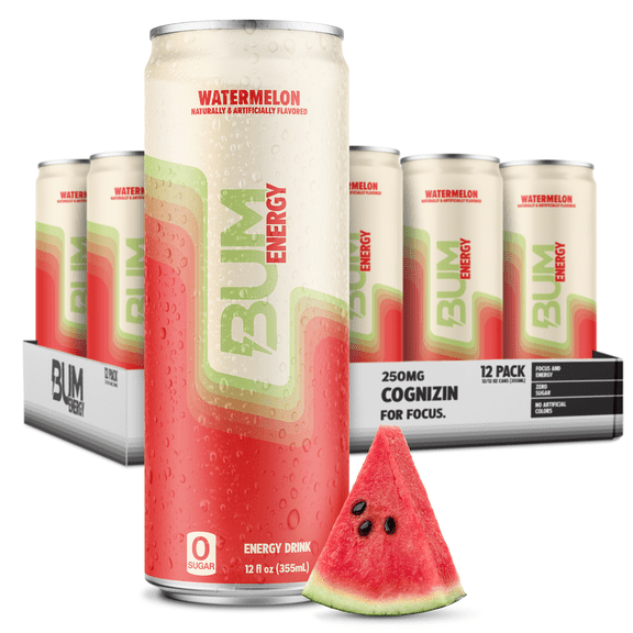 Raw Nutrition BUM Energy Drink, Watermelon, 112 mg Natural Caffeine, 12 fl oz Cans, 12 Pack