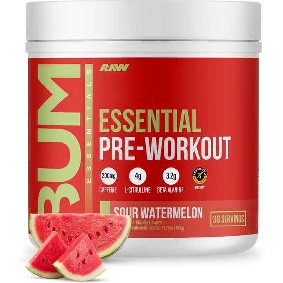 Raw Nutrition Essentials Performance Pre-Workout Powder, Sour Watermelon, 30 Servings