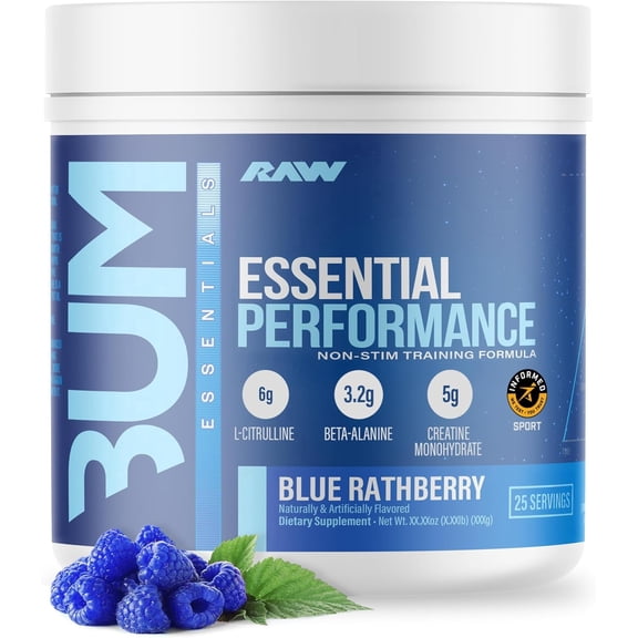 RAW Nutrition Essential Performance Non-Stim Pre-Workout, Blue Raspberry, 30 Servings