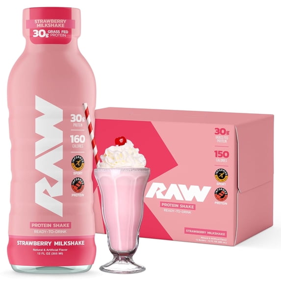 Raw Nutrition Ready-to-Drink Protein Shake, Strawberry Milkshake, 12 fl oz, 12 pack