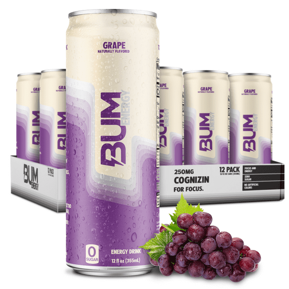 Raw Nutrition BUM Energy Drink, 112 mg Natural Caffeine, Grape, 12 fl oz, 12 Pack