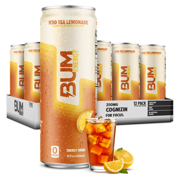 Raw Nutrition BUM Energy Drink, Iced Lemon Tea, 112mg Natural Caffeine, 12 fl oz Cans, 12-Pack