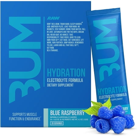 RAW Nutrition BUM Hydrate Electrolyte Drink Mix Packets, Blue Raspberry, 20 Servings