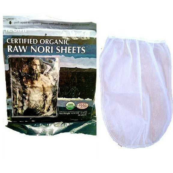 Raw Organic Nori Sheets 50 qty + Nut Milk Bag Certified Vegan Kosher Sushi Wrap Paper Unheated, Untoasted, Dried RAWFOOD