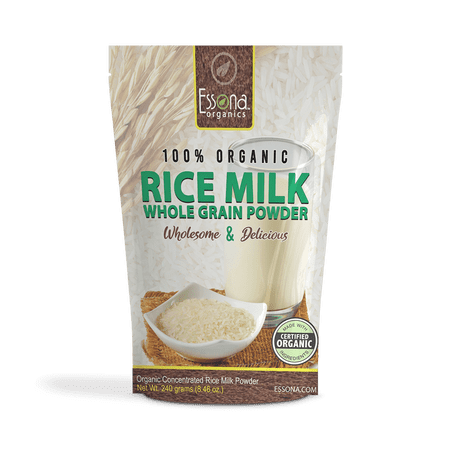 Raw Organic Rice Milk Powder from Essona Organics. Convenient re-sealable pouch. Now Larger 240 grams size, 33 % More.