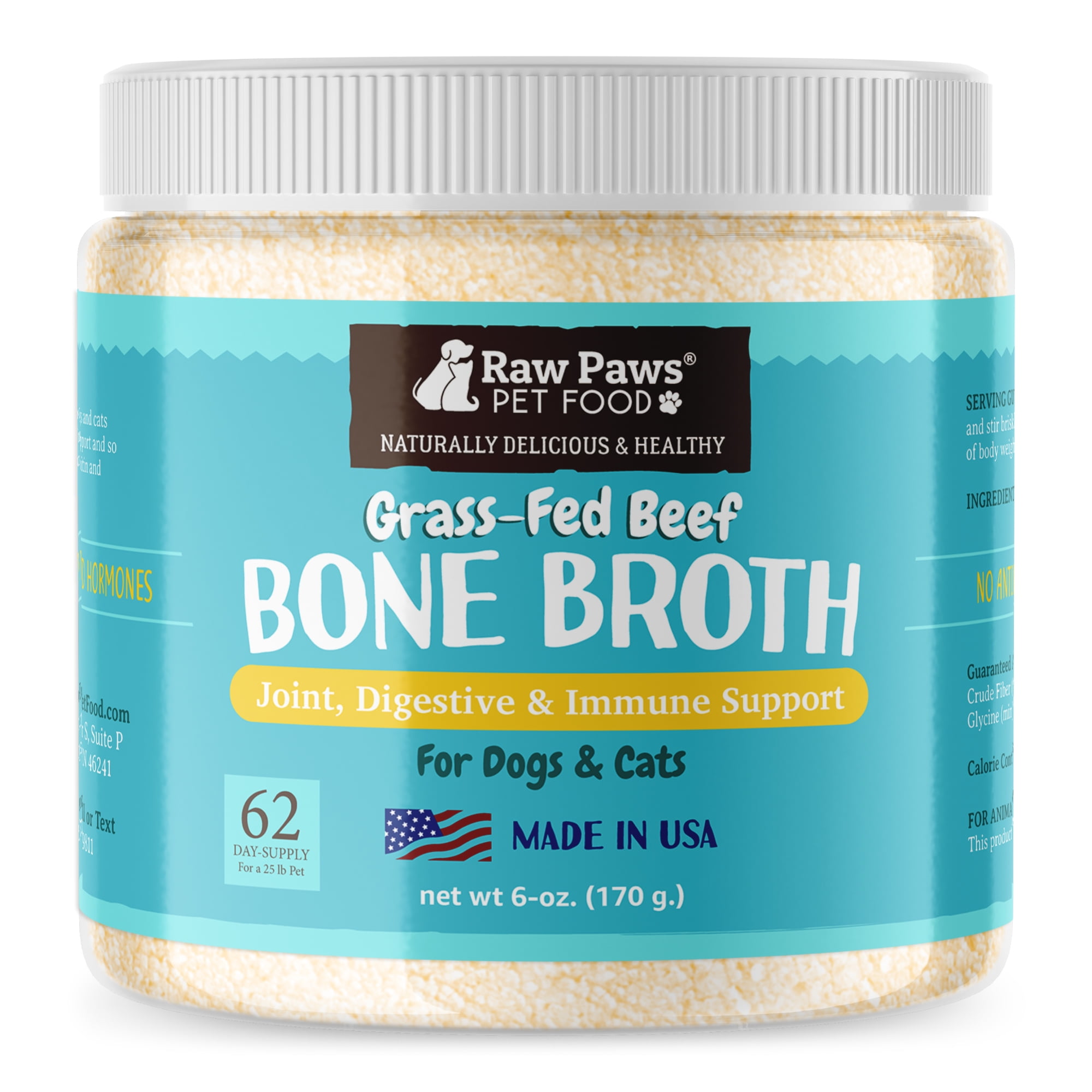 Raw Paws High Protein GrassFed Beef Bone Broth Powder for Dogs & Cats, 6oz USA Made