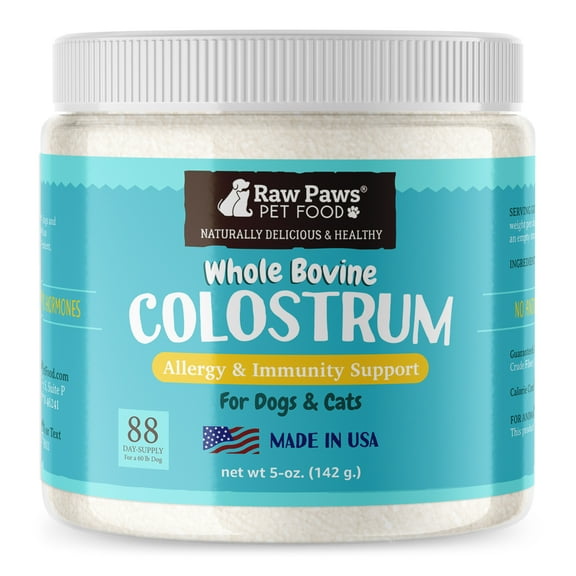Raw Paws Bovine Colostrum for Dogs & Cats (5-oz) Allergy & Immune Support for Cats & Dogs - Made in USA Pure Bovine Colostrum Powder for Cats - Colostrum for Puppies & Kittens