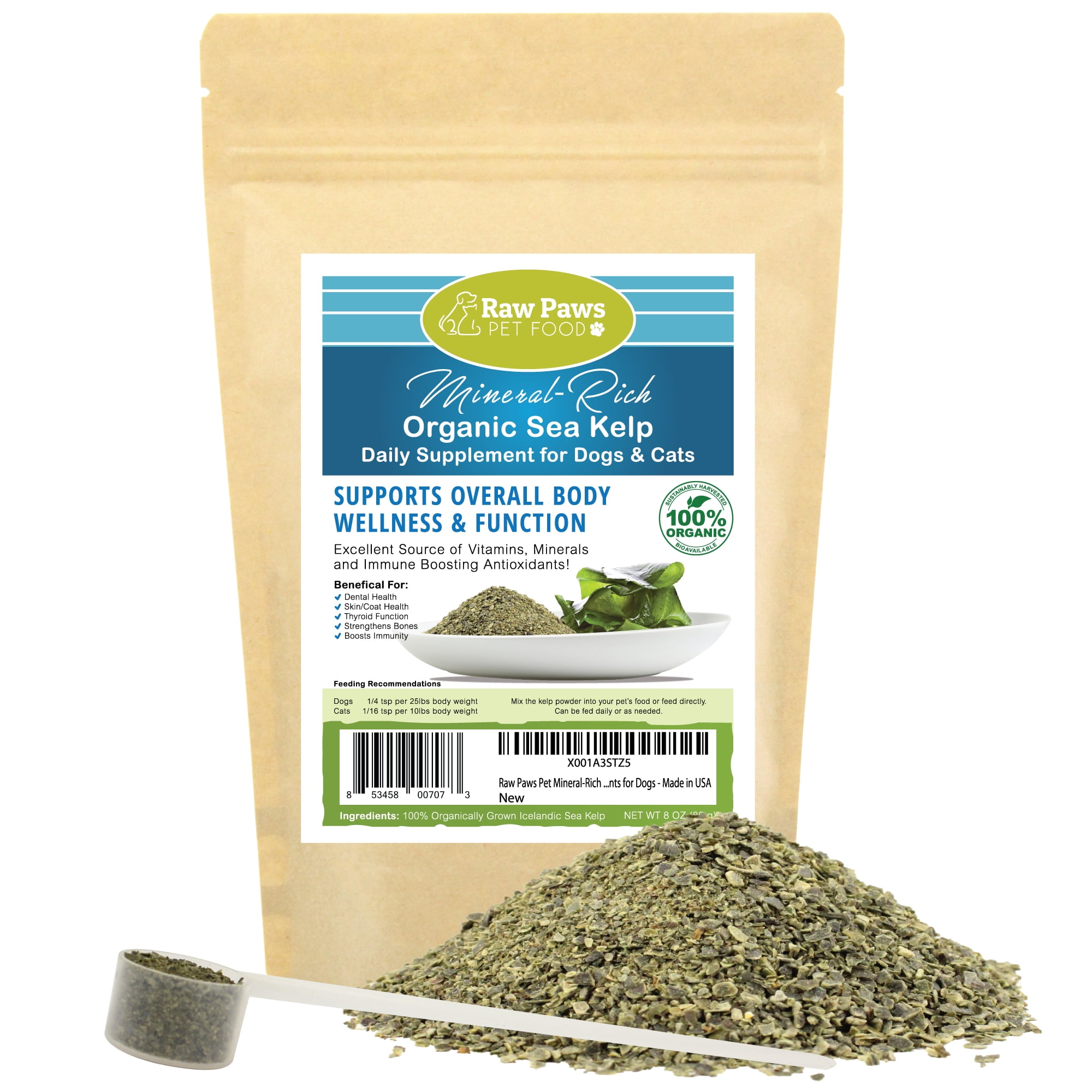 Raw Paws Pet Mineral-Rich Organic Icelandic Sea Kelp for Dogs & Cats, 8 ...