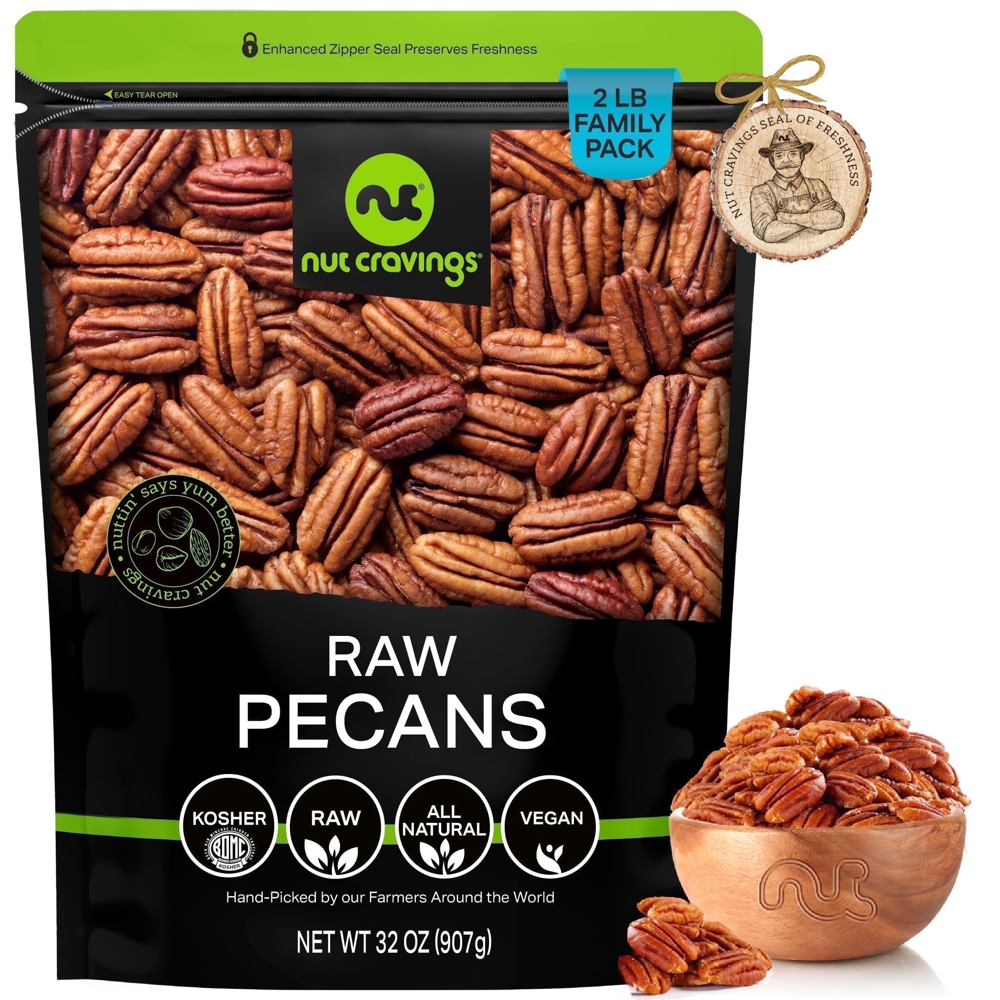 Nut Cravings Raw Pecans Halves & Pieces, Unsalted, Shelled (32oz - 2 lbs) Kosher
