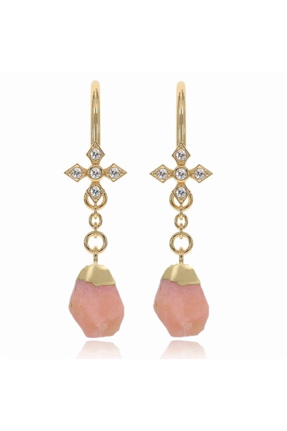 Pink Opal Earring - Raw Gemstone Dangle Drop - 925 Sterling Silver 18K Gold Plated.