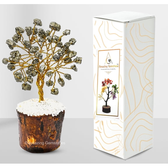 Raw Pyrite Crystal Tree  Tree of Life Decor for Shelf & Room (Gold Wire)
