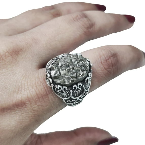 Raw Pyrite Mans Ring, Natural Rough Pyrite Gemstone Ring, Pyrite Birthstone, Silver Jewelry, 925 Silver Ring, Birthday Gift, Heavy Mens Ring, Arabic Turkish Ottoman Style Ring, Christmas, Signet Ring