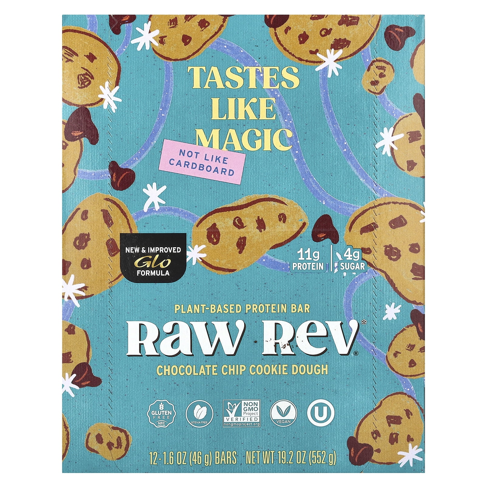 Raw Rev Glo Protein Bar Chocolate Chip Cookie Dough, 12 Pack