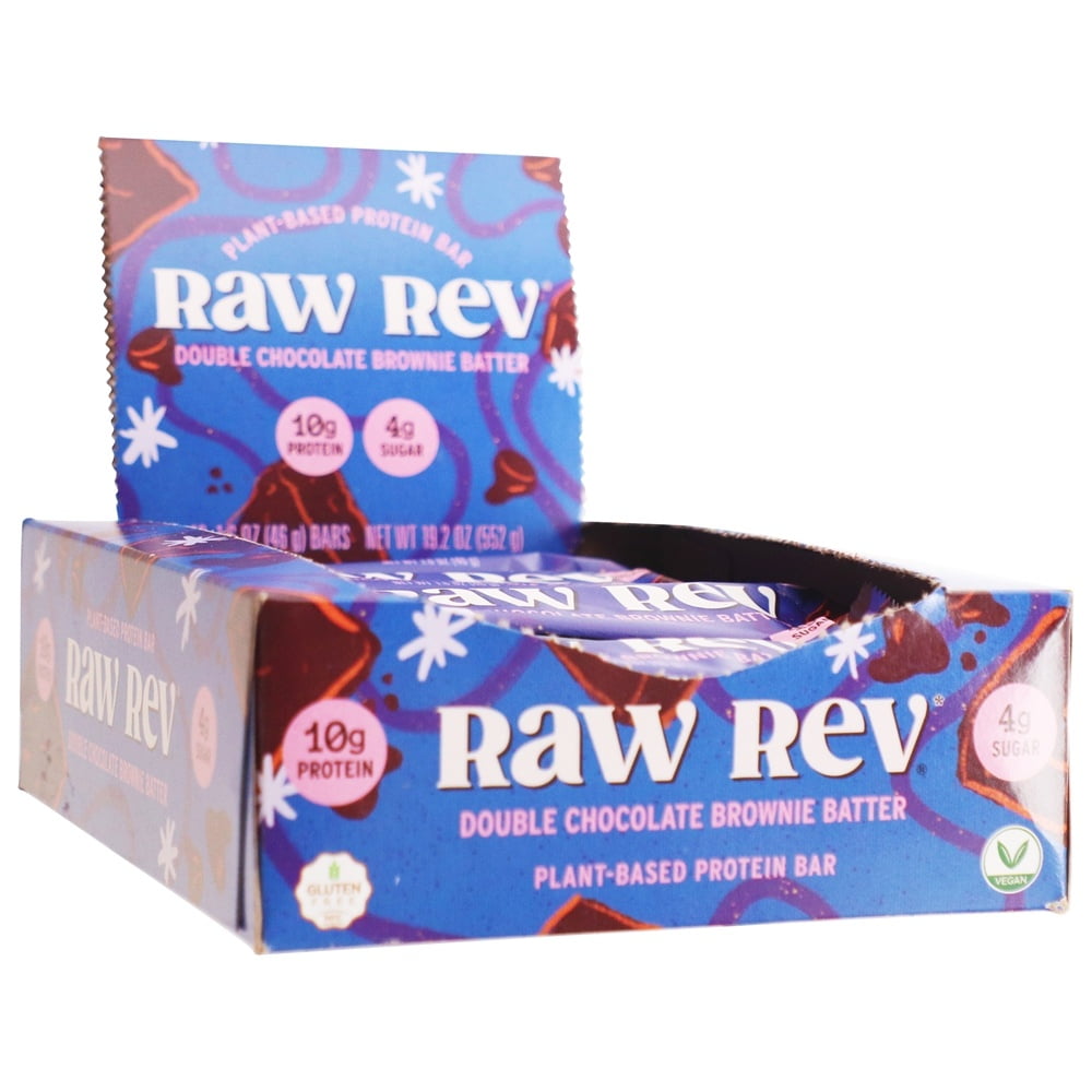 Raw Rev Glo Protein Bar Double Chocolate Brownie Batter, 12 Pack (Packaging May Vary)