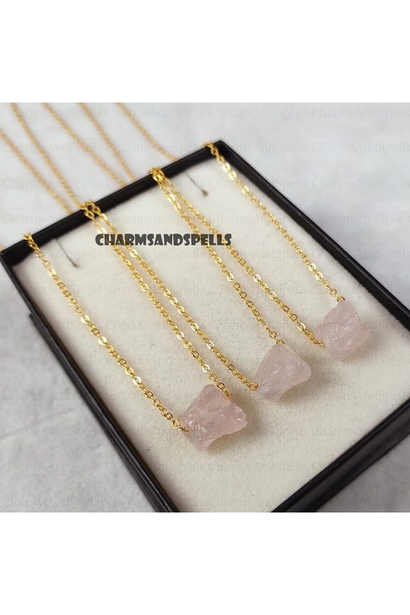 Raw Rose Quartz Gemstone Necklace, Stone Of Self-Love Necklace, Raw Crystal Necklace, Birthstone Necklace, Valentine Day Gift, Boho Necklace
