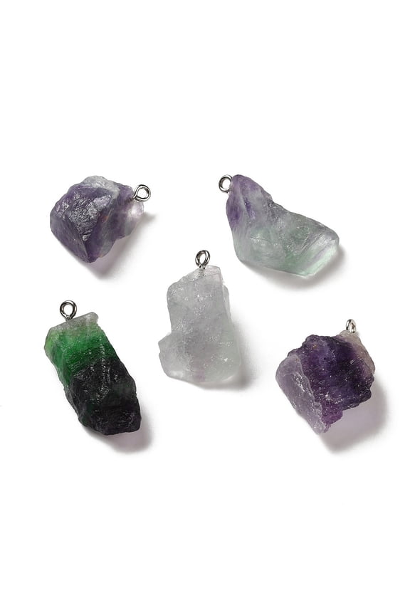 Raw Rough Colorful Fluorite Pendants Charms with Platinum Plated Iron Loops 21~34.5x15~25.5x10~17mm Hole: 2mm