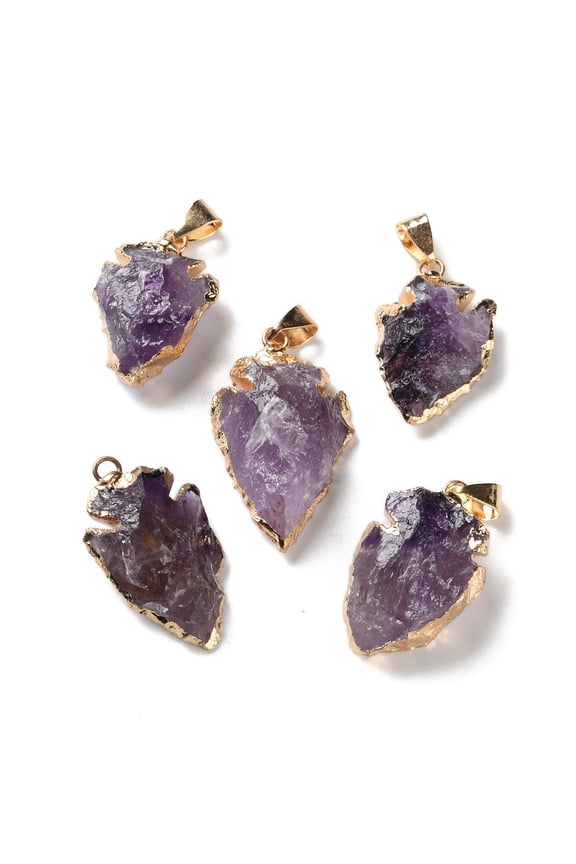 Raw Rough Natural Amethyst Pendants Arrow Head Charms with Golden Tone Brass Snap on Bails 27-39x17-22x6-11mm Hole: 7x4mm
