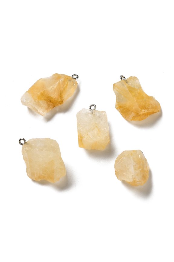 Raw Rough Natural Citrine Pendants Charms with Platinum Plated Iron Loops 21~34.5x15~25.5x10~17mm Hole: 2mm