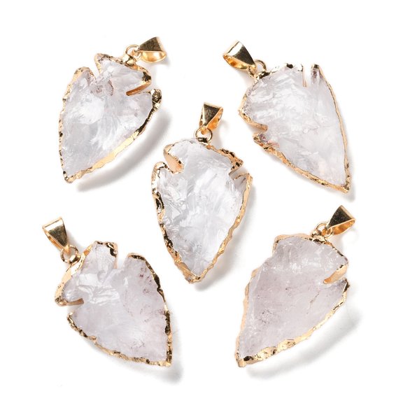 Raw Rough Natural Quartz Pendants Rock Arrow Head Charms with Golden Tone Brass Snap on Bails 27~39x17~22x6~11mm Hole: 7x4mm