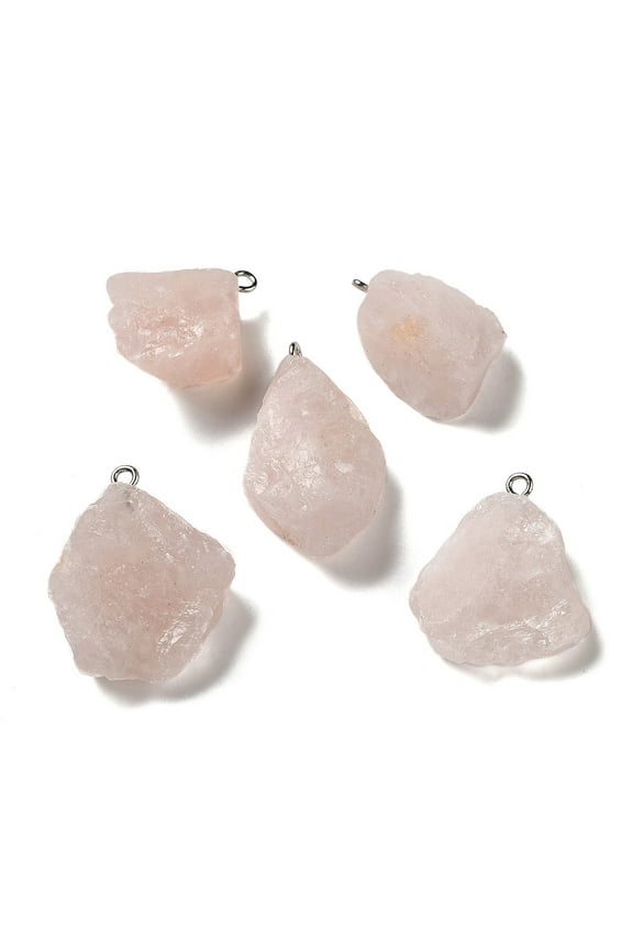 Raw Rough Natural Rose Quartz Pendants Nuggets Charms with Platinum Plated Iron Loops 21~34.5x15~25.5x10~17mm Hole: 2mm