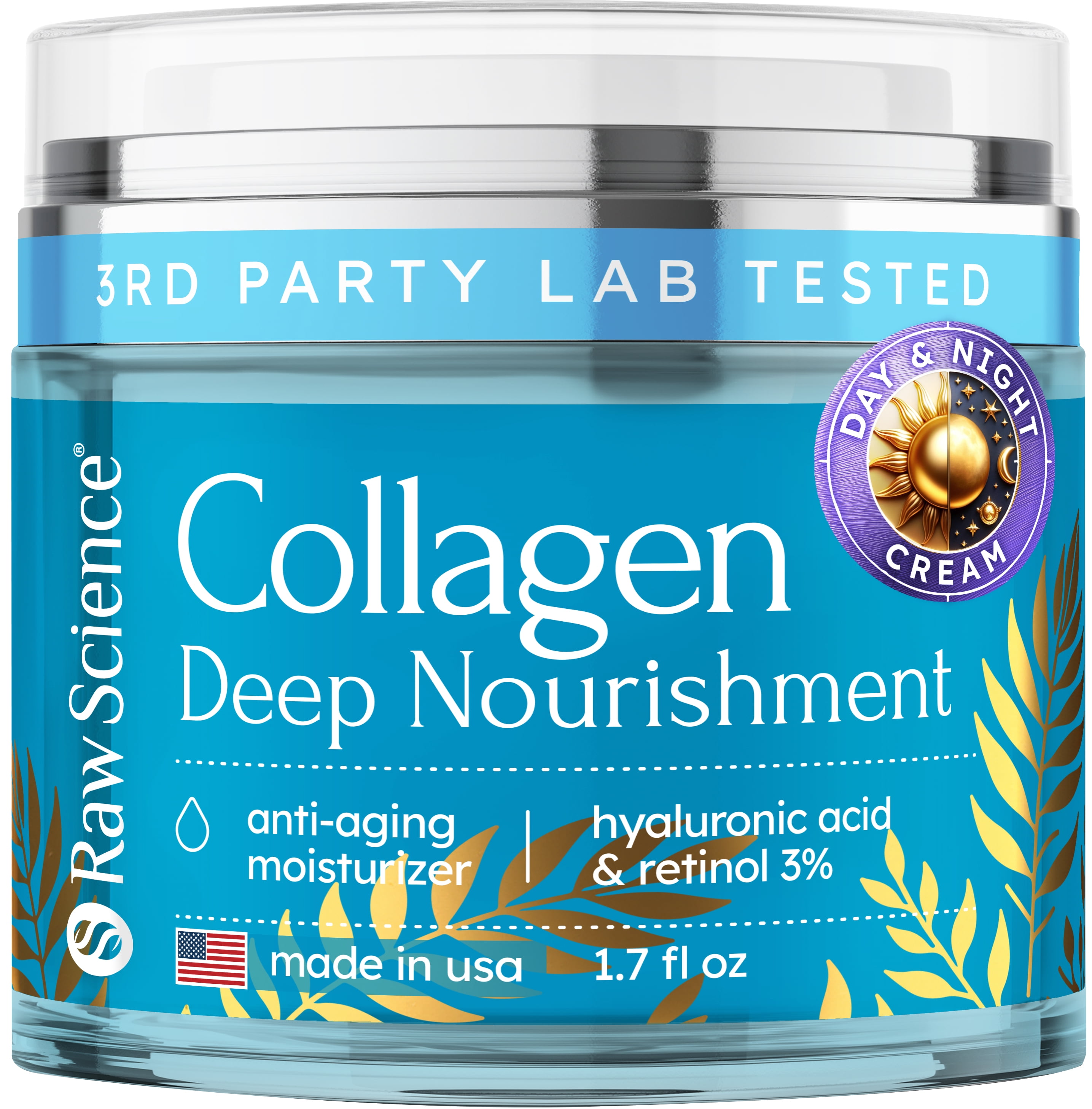 Raw Science | Collagen Face Moisturizer | Day & Night Anti Aging Face Cream with Retinol, Wrinkle Facial Moisturizer | 1.7 Fl Oz 50 ml