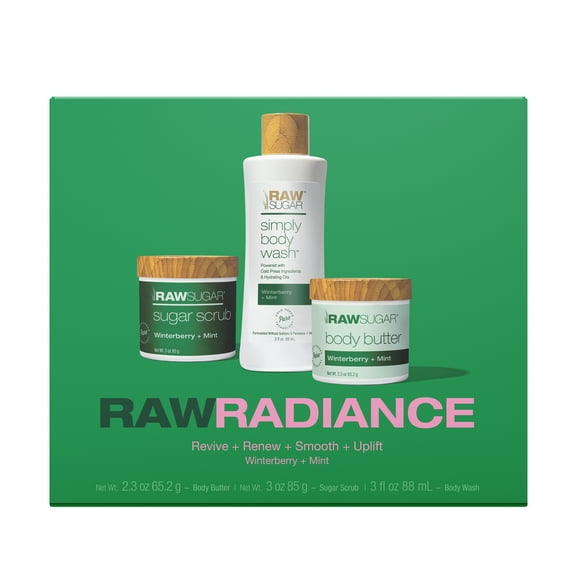 Raw Sugar Raw Radiance Holiday Gift Set, Includes Sugar Scrub, Body Wash, & Body Butter, 3 Piece