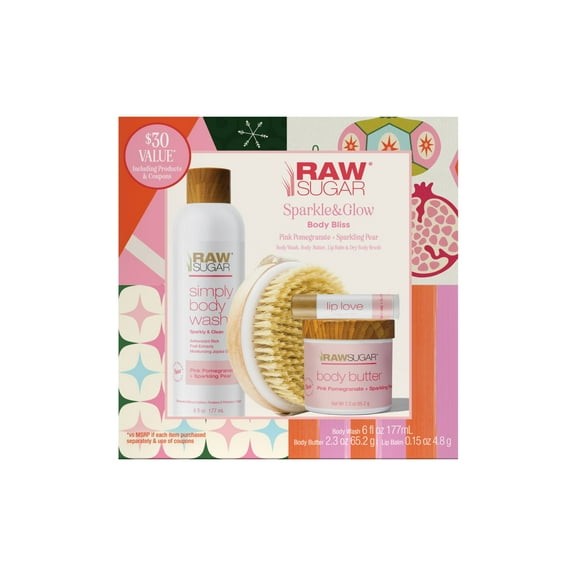 Raw Sugar Sparkle & Glow Body Bliss 4-Piece Gift Set with Dry Body Brush
