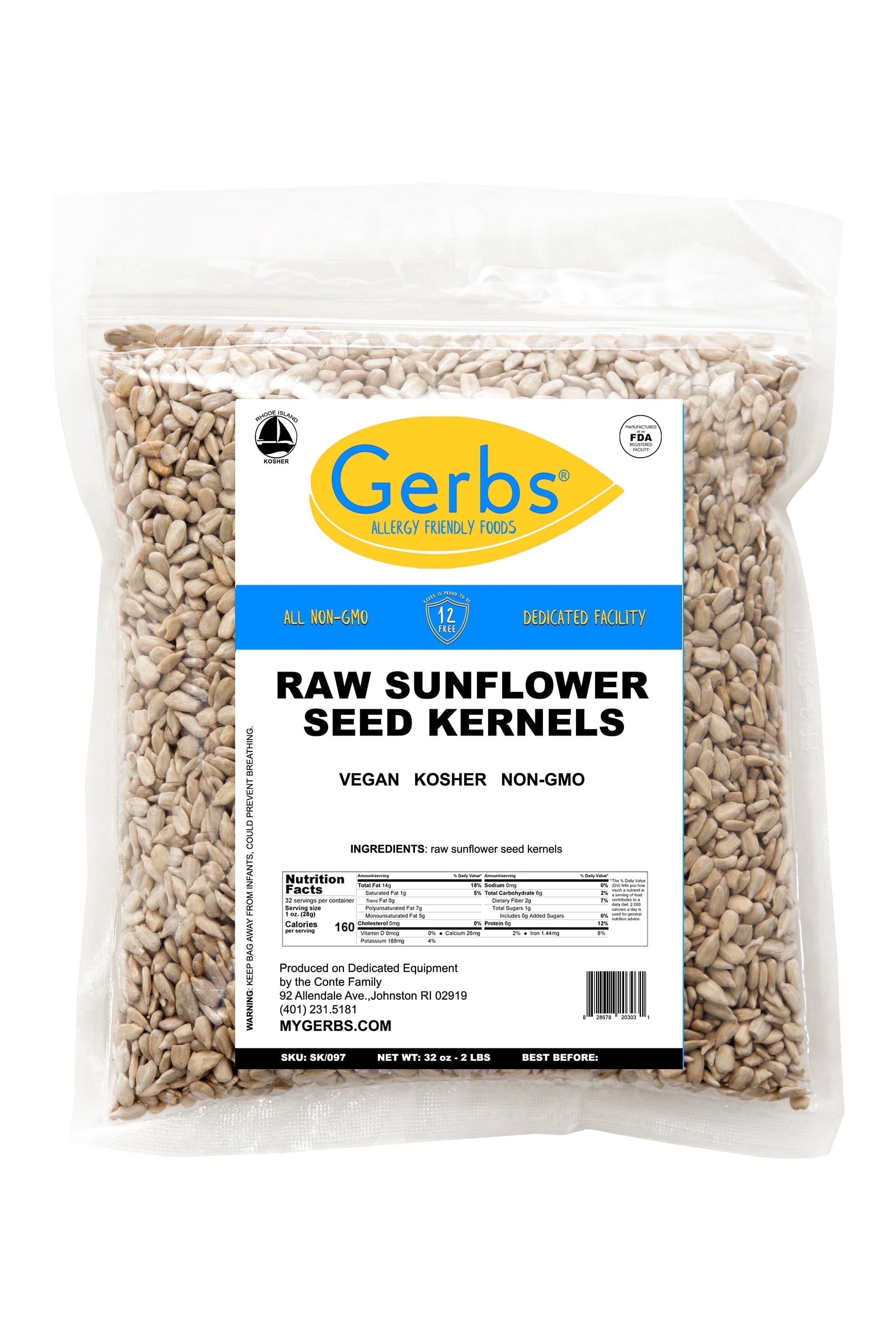 Raw Sunflower Seed Kernels by Gerbs - 2 LBS. - Top 14 Food Allergen Free & NON GMO - Vegan & Kosher