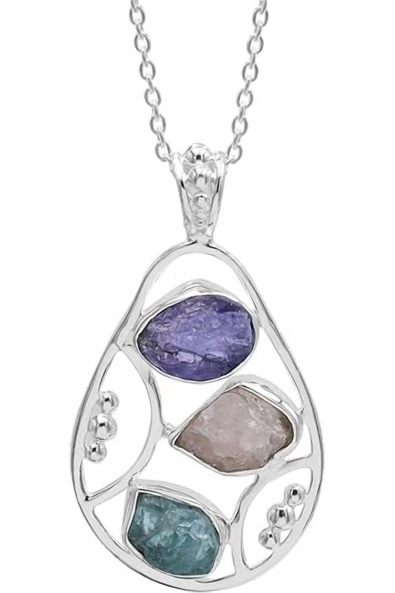 Raw Tanzanite, Apatite and Rose Quartz Pendant Necklace, Natural Rough Gemstone Chakra Crystal, Handmade Sterling Silver 18 Inch Necklace, Jewelry Gift for Women