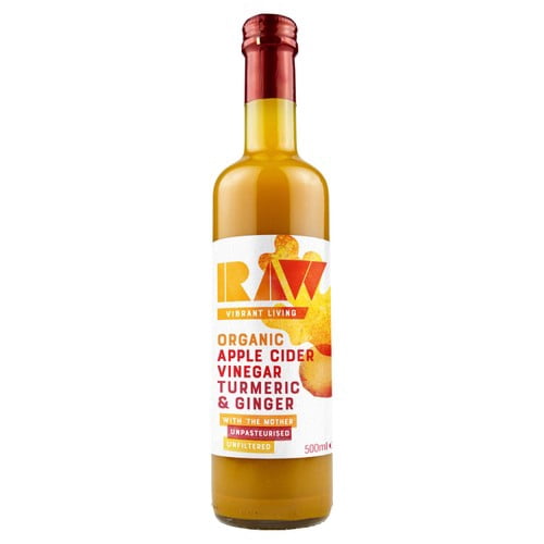 Raw Vibrant Living Organic Apple Cider Vinegar with Turmeric & Ginger 500ml, British Import (Pack of 2)