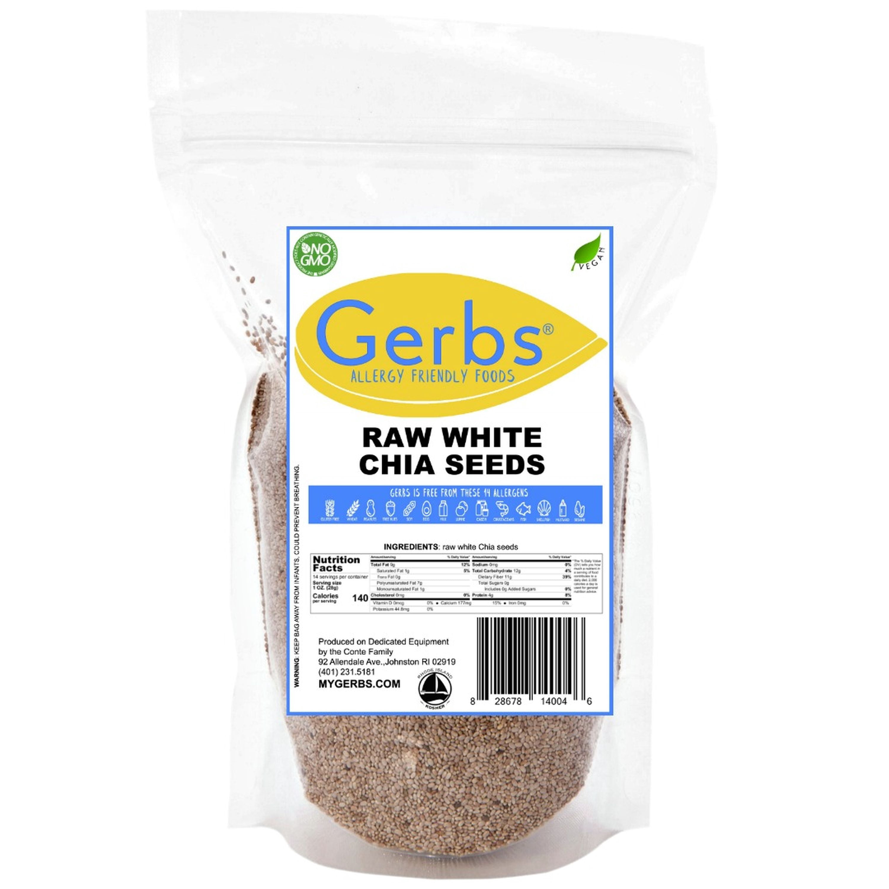 Raw White Chia Seeds, 14 oz. by Gerbs ? Top 14 Food Allergy Free & NON GMO - Vegan & Kosher - Premium Quality Grown in Canada