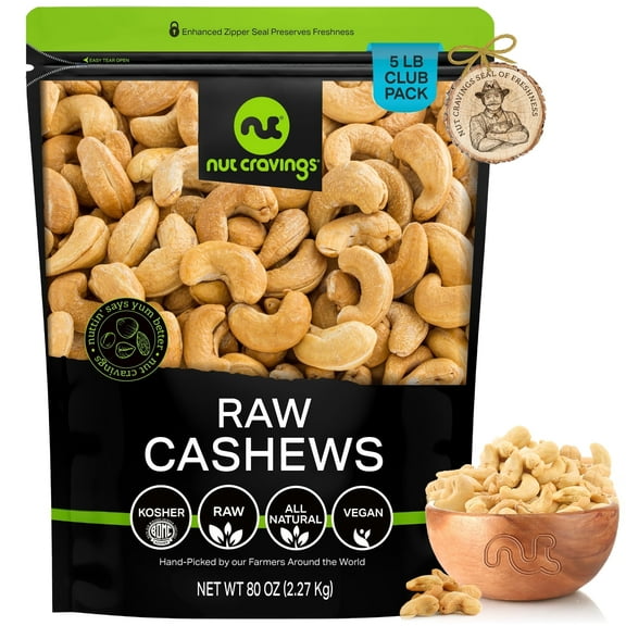 Nut Cravings Raw Whole Cashews, Unsalted, Shelled (80oz - 5 lbs) Bulk Cashew Fresh Nuts
