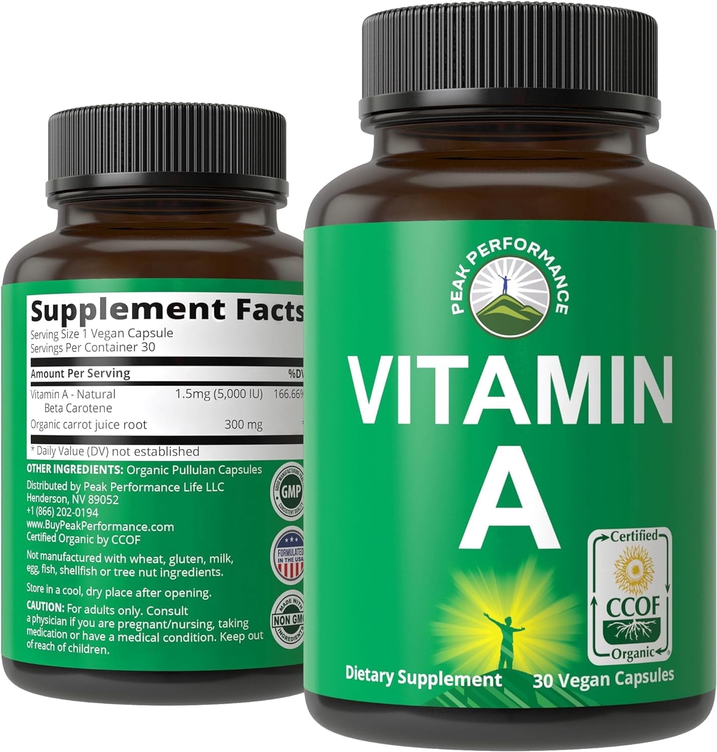 Raw Whole Food Vitamin A Capsules Supplement by Peak Performance. High Potency Vitamins with Organic Carrot Juice. Great for Immune, Skin, Eye Support. Vegan Pills, Tablets