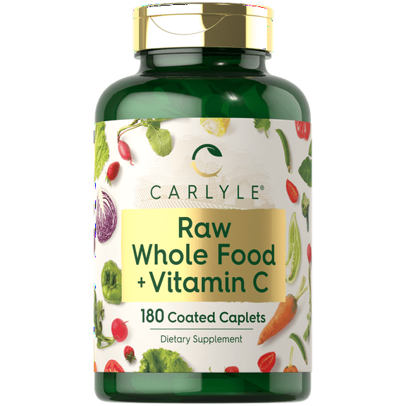 Raw Whole Foods Vit C | 180 Coated Caplets | Dietary Supplement | Vegan, Non-GMO & Gluten Free | By Carlyle