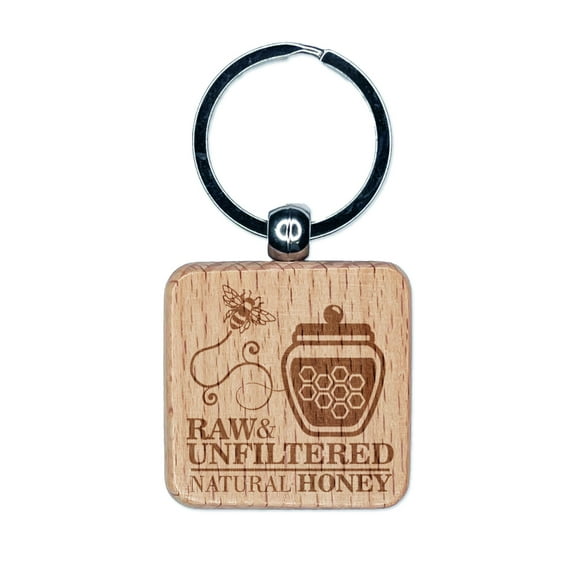 Raw and Unfiltered Natural Honey with Honeypot and Bee Square Keychain Charm Tag - Engraved Wood
