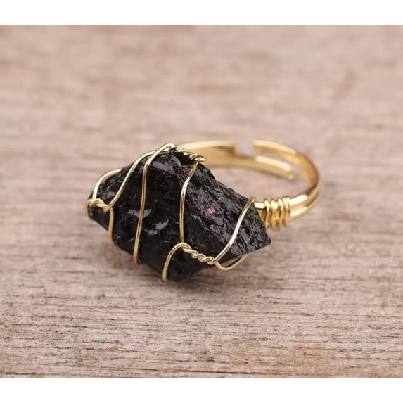 Raw healing stone rings wire wrapped - Adjustable gold ring