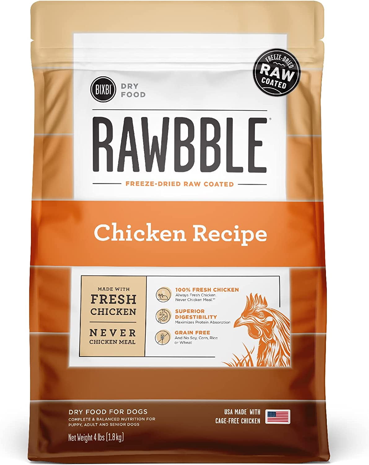 Rawbble Dry Dog Food, Chicken, 4 Lbs - Usa Made With Fresh Meat - No Meat Meal & No Corn, Soy Or Wheat - Freeze Dried Raw Coated Dog Food - Minimally Processed For Superior Digestibility