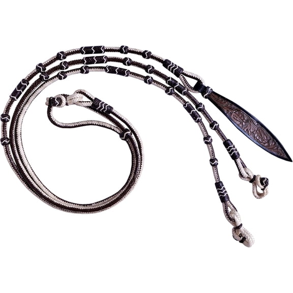 Rawhide Leather Romal Reins with Chestnut Natural Rope & Two-Tone Carved Leather Popper Hand-Braided Ranch Rope