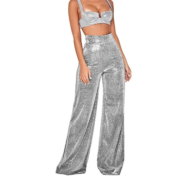 Rawiri Women Casual Trousers Glitter Sequin Wide Leg High Waist Straight Long Pants for All Seasons Silvery White L