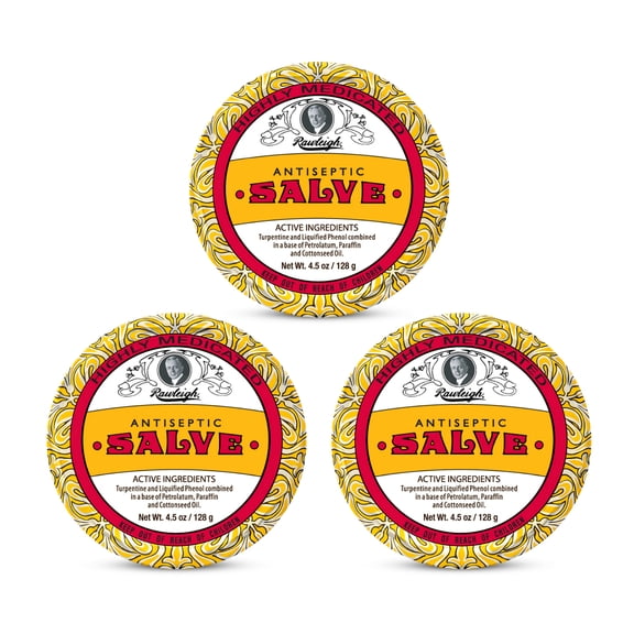 Rawleigh Antiseptic Salve Iconic Yellow Big Tin: 4.5 oz, Multi-Purpose Ointment Soothes Cuts, Bruises, Irritations, with Turpentine, Phenol, Cottonseed Oil & Paraffin, Original Formula - Pack of 3