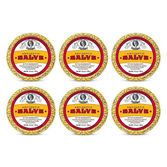 Rawleigh Antiseptic Salve Iconic Yellow Big Tin: 4.5 oz, Multi-Purpose Ointment Soothes Cuts, Bruises, Irritations, with Turpentine, Phenol, Cottonseed Oil & Paraffin, Original Formula - Pack of 6
