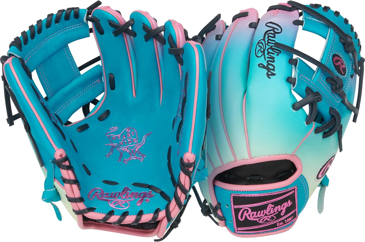 Rawlings | Heart of The Hide Baseball Glove | Funburst Series | Right Hand Throw | 11.5" | Infield | Pro I-Web | Teal/Pink/Black