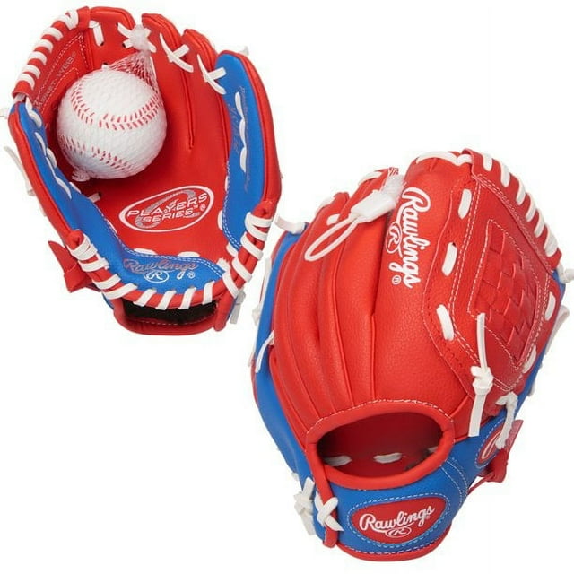 Rawlings Players Series Baseball Glove W/ Ball, 9.5 inch, Red/Navy