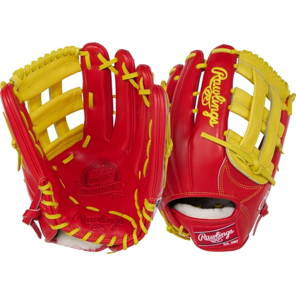 Rawlings Pro Preferred Outfield Glove | 303 Pattern | 12.75-Inch | LHT | Scarlet/Yellow