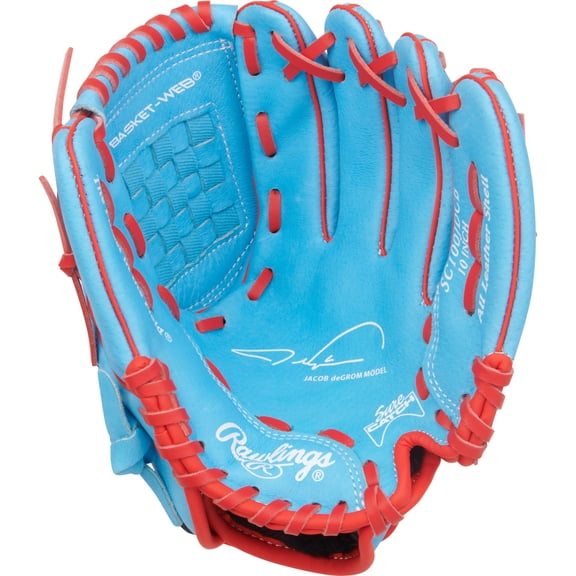 Rawlings Sure Catch Jacob Degrom Youth Baseball Glove | 10-Inch | Columbia Blue/Scarlet | Basket Web
