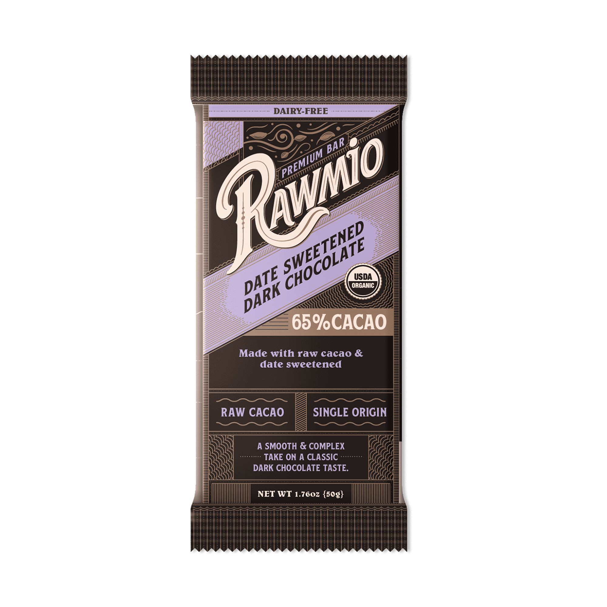 Rawmio - Organic Premium Date Sweetened Dark Chocolate Bar - 65% Cacao, 1.76oz bar, 12 Pack