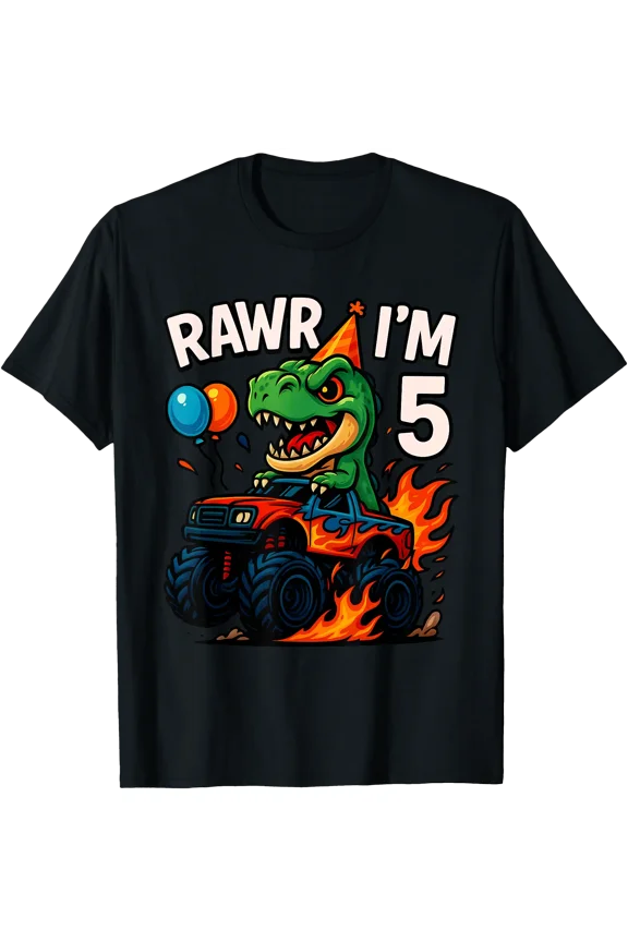 Rawr I'm 5 Fifth Birthday Party T Rex Monster Truck Boys Kid T-Shirt