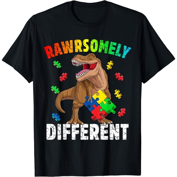 Rawrsomely Different for Autism Awareness T-Shirt Black Large