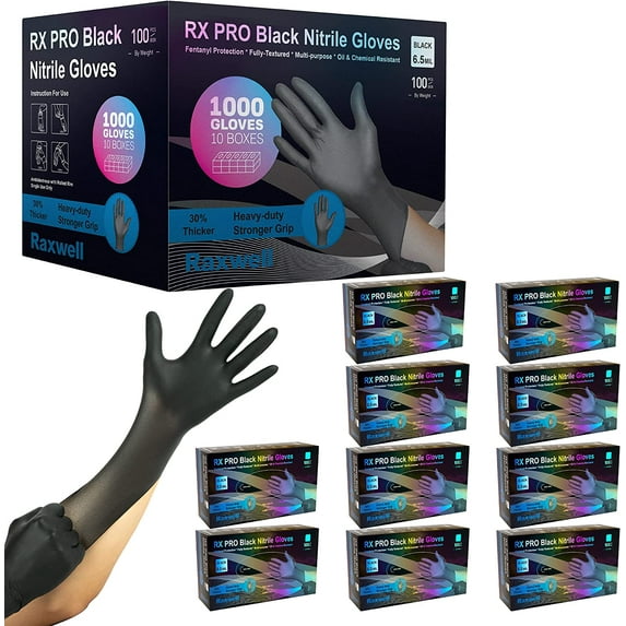 Raxwell Disposable Black Nitrile Gloves 6.5-mil Heavy Duty Food Handling Cleaning Mechanic Gloves, Medium, 1000 Pack
