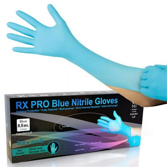 Raxwell RX40003 RX Pro Nitrile Disposable Gloves, Blue - 8.5 Mil - 12 in. Extended Cuff - Large - 50 Count per Box